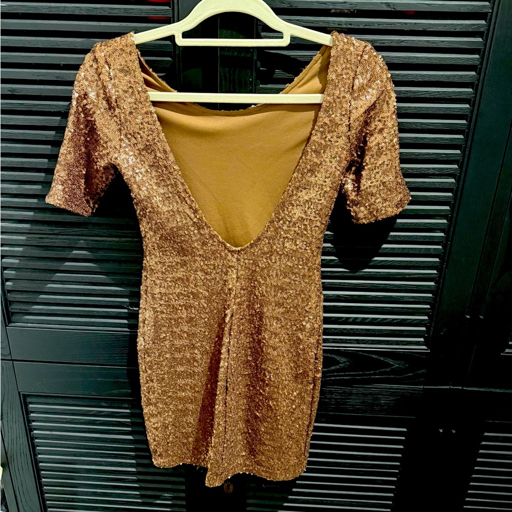 Free People Backstage Bronze All Over Sequin Mini Dress with Open Back